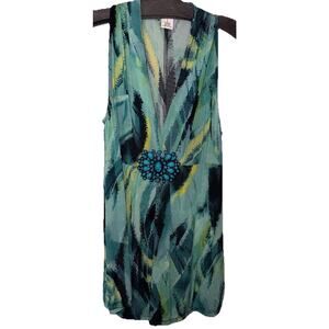 Cache Y2K Top Sleeveless Embellished Flowy Top Sz S Blue Green Turquoise Stone
